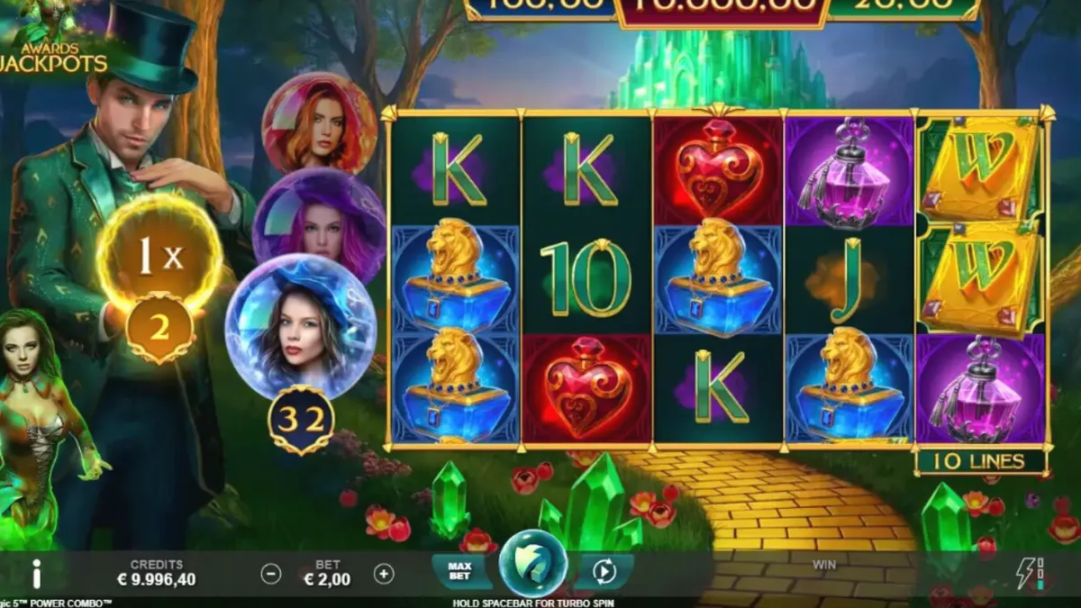 Tampilan visual slot Book of Oz Magic 5 Power Combo dengan latar belakang jalan bata kuning dan elemen magis.