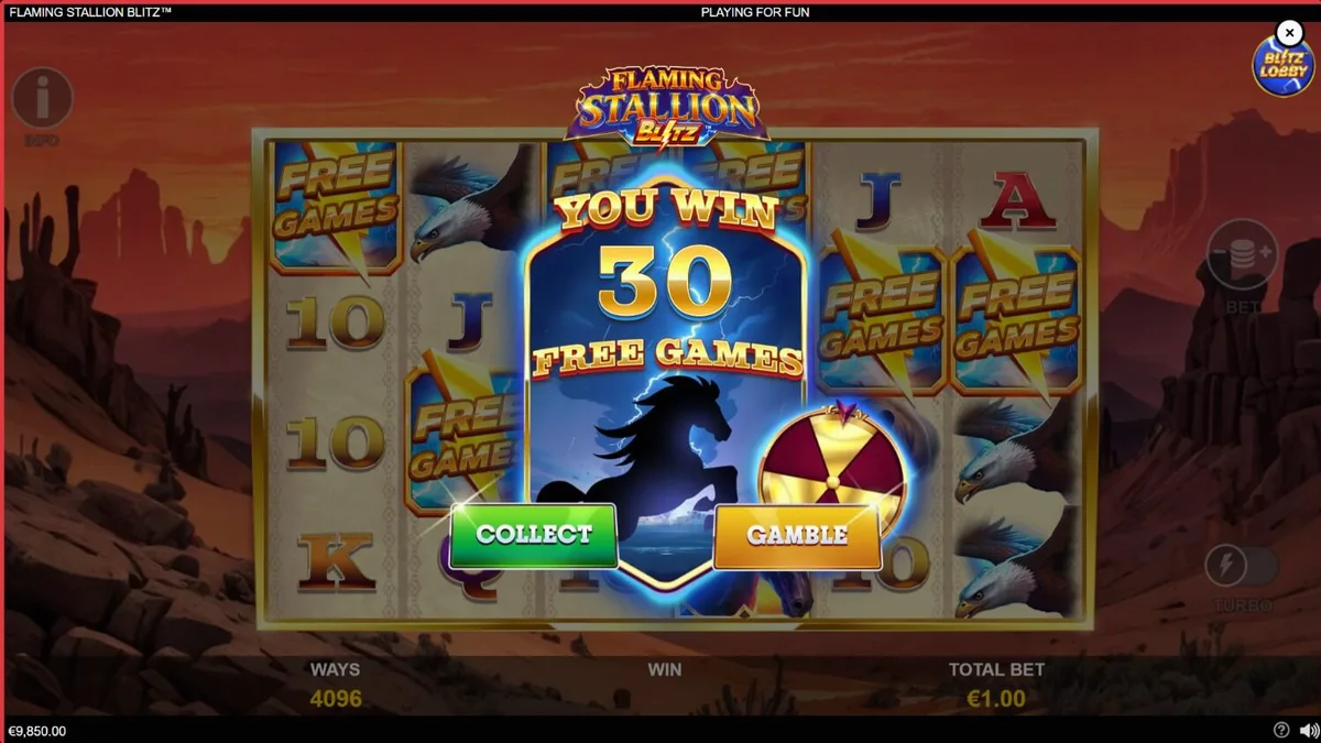 Tampilan visual slot Flaming Stallion Blitz dengan latar belakang gurun dan simbol kuda jantan yang menyala.